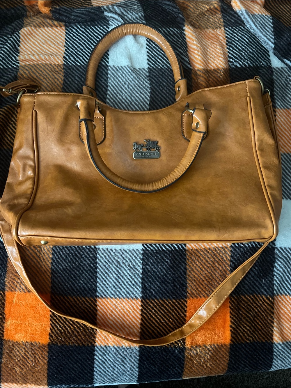 Coach Tan Leather Logo Patch Interior with Signature Canvas